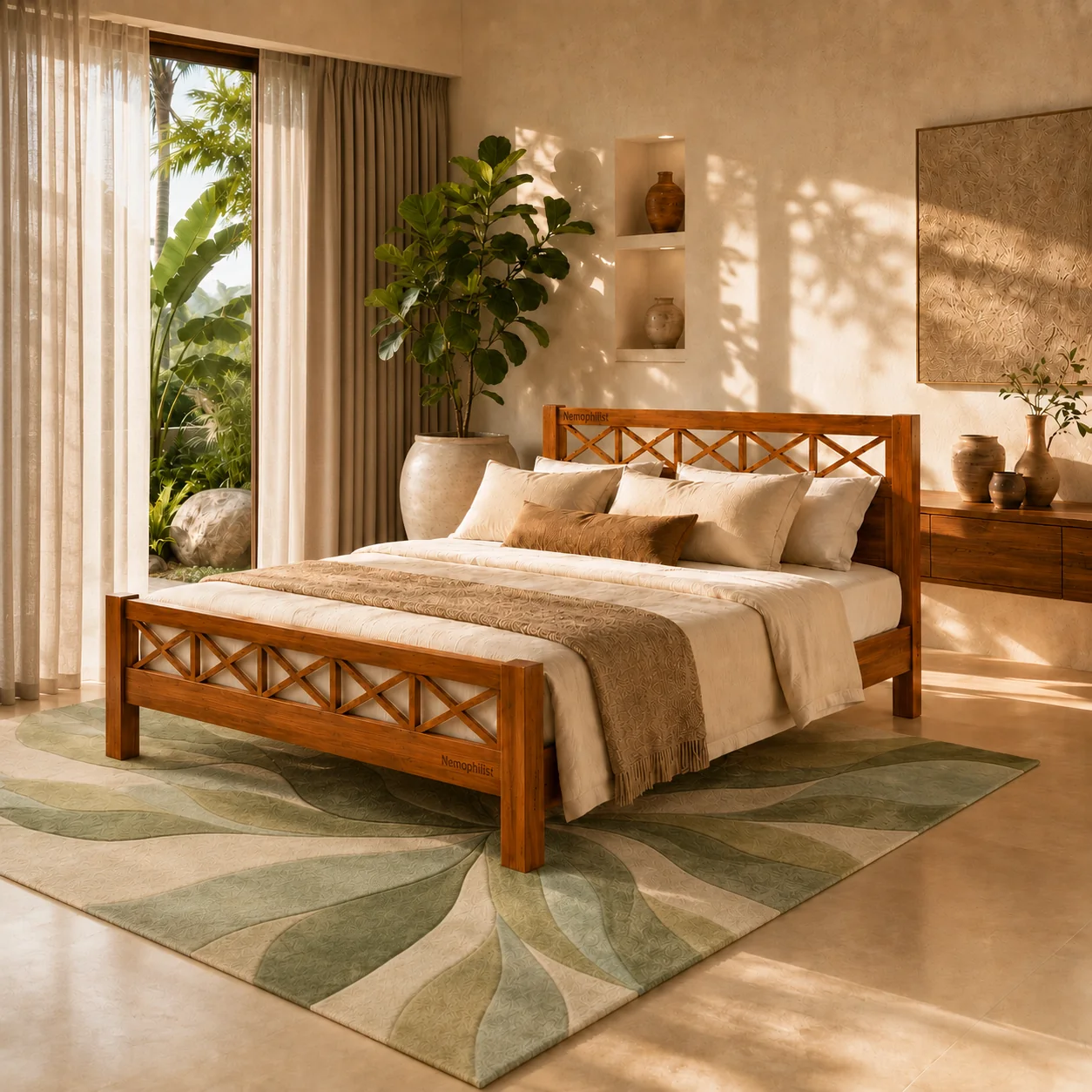 X-frame teak wood bed